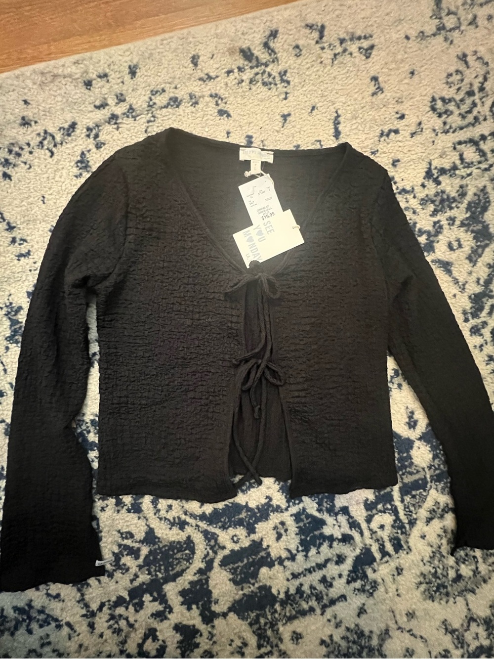 See You Monday Black Tie-Front Textured Cardigan